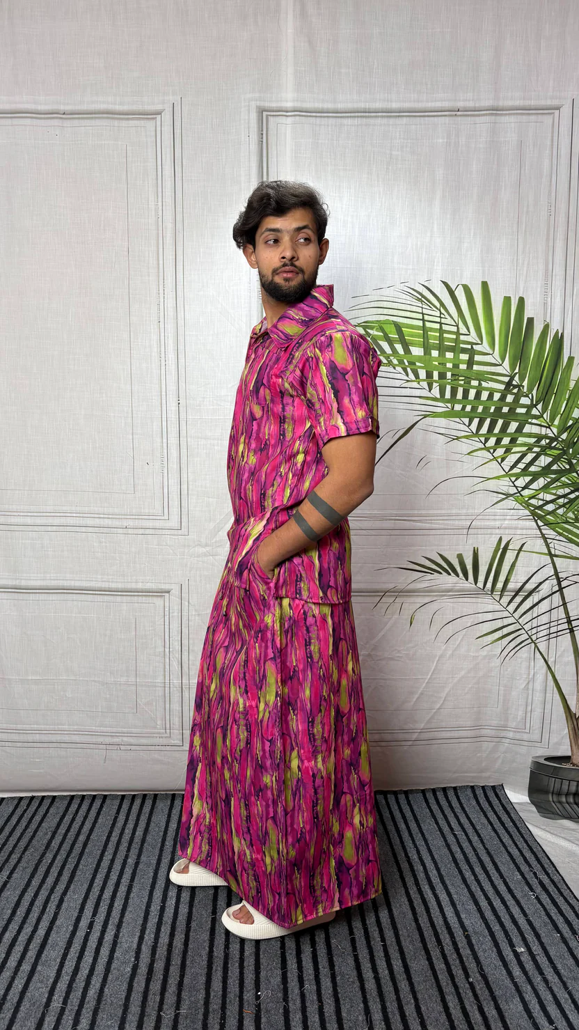 Men Marble Effect Abstract Print Shirt-Collar Kurta - Image 3