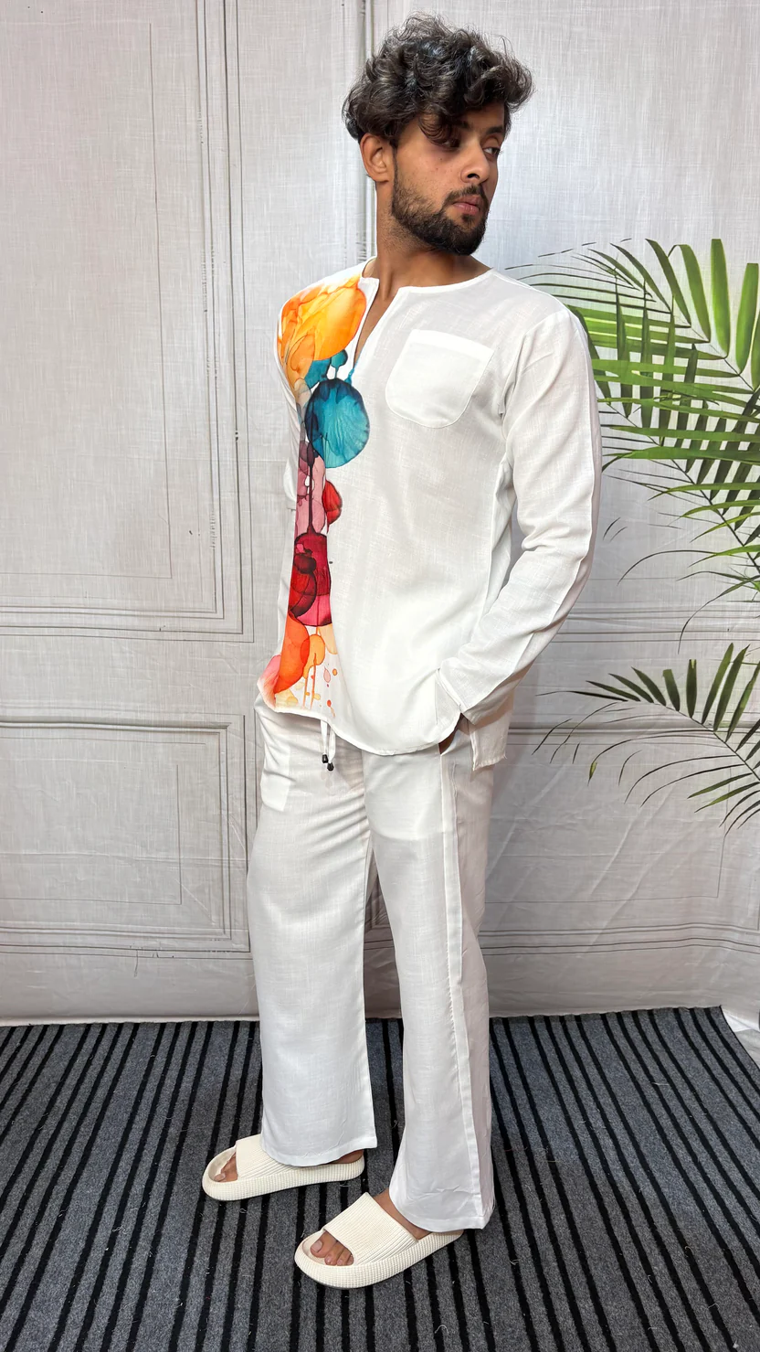 Men’s White Abstract Side Print Kurta - Image 4