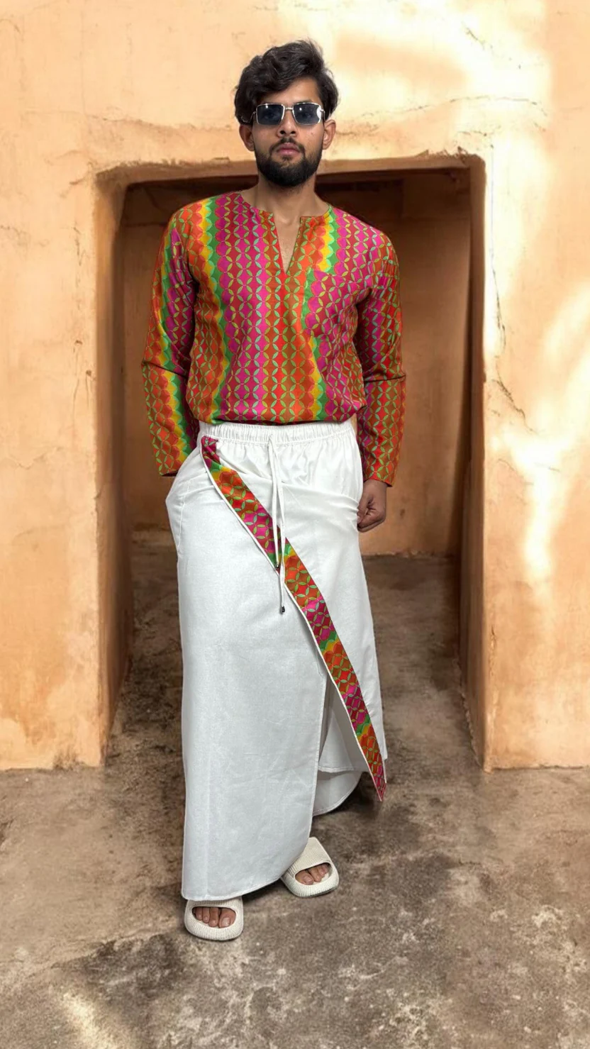 Classic White Pajamalungi with Geometric Border Stripe - Image 5