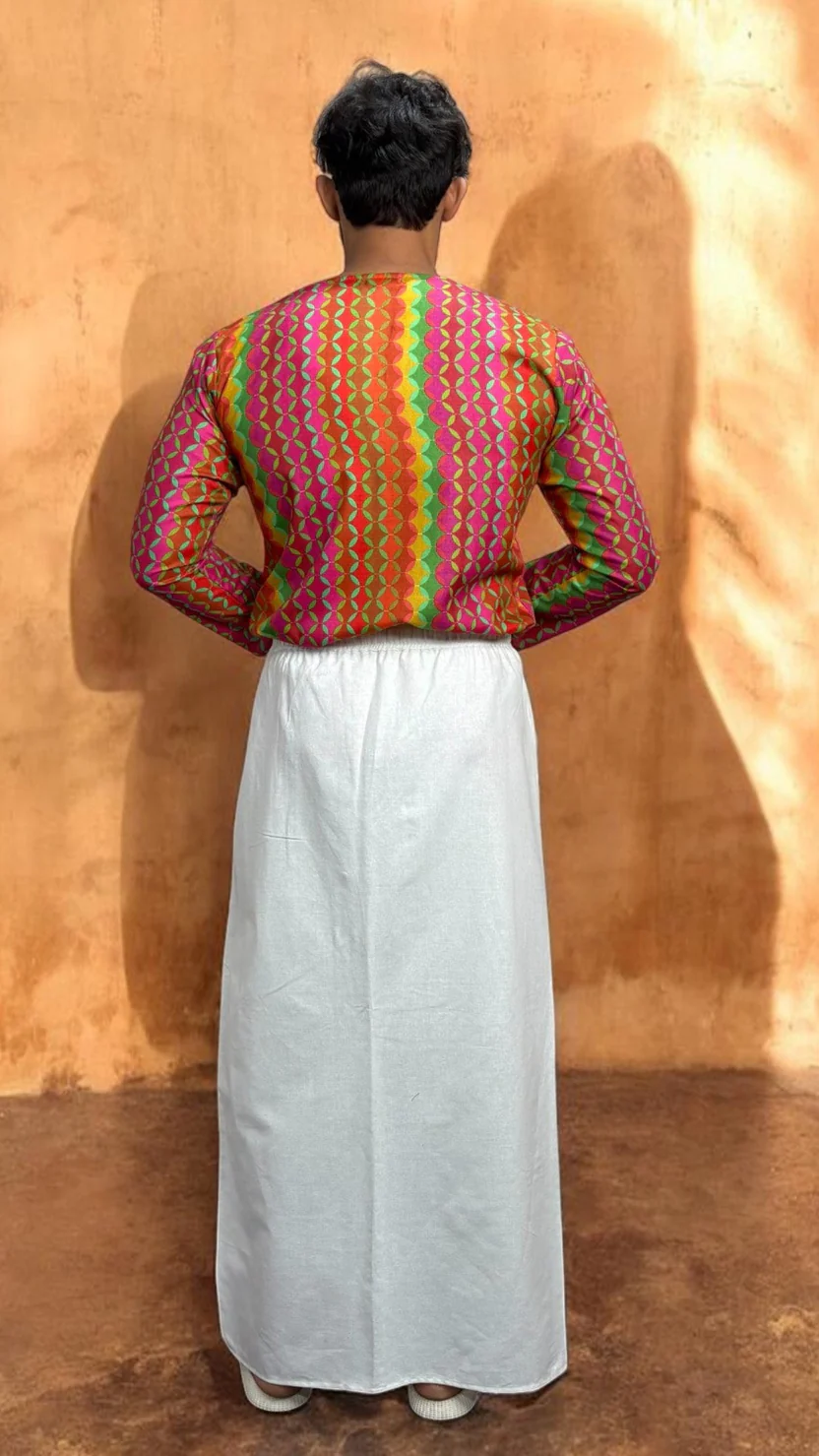 Classic White Pajamalungi with Geometric Border Stripe - Image 4