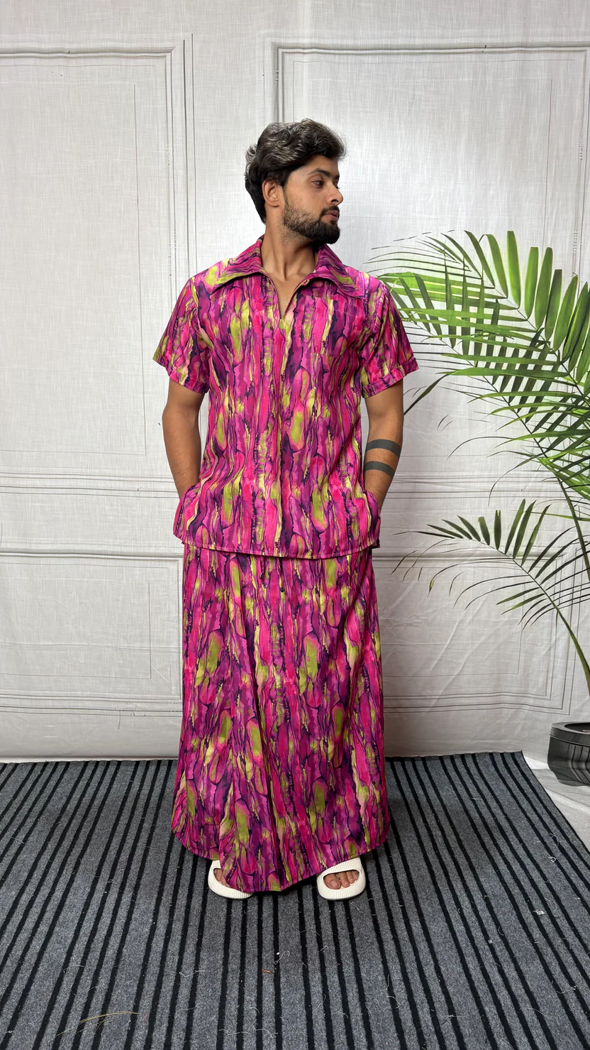 Men Marble Effect Abstract Print Shirt-Collar Kurta - Image 5