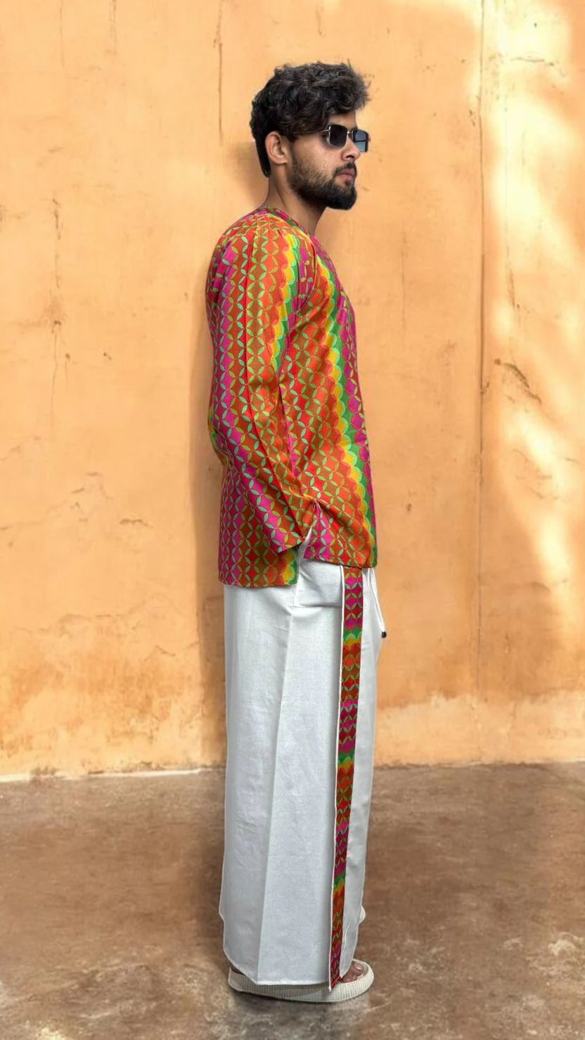 Classic White Pajamalungi with Geometric Border Stripe - Image 3
