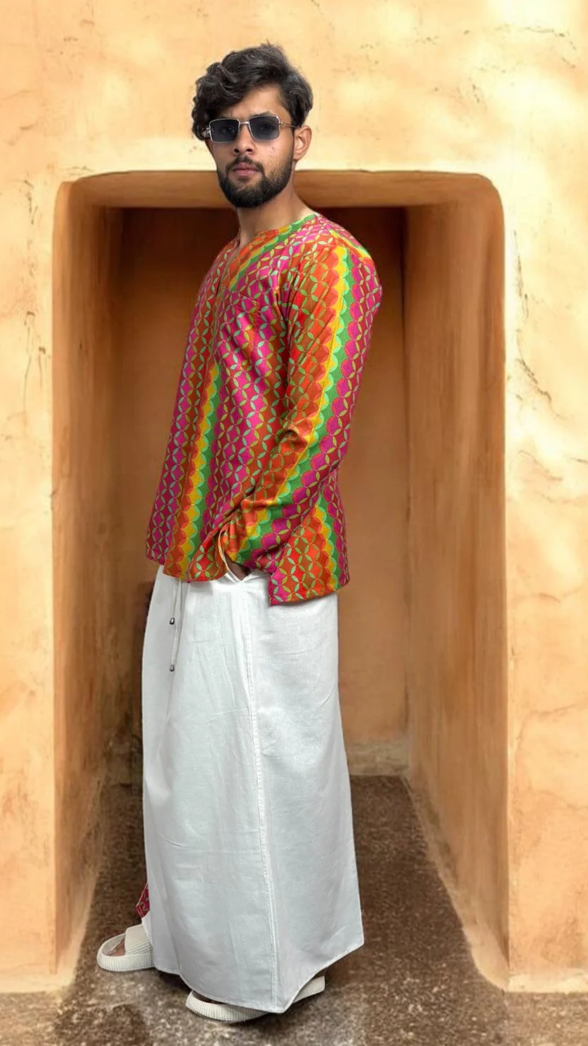 Classic White Pajamalungi with Geometric Border Stripe - Image 2