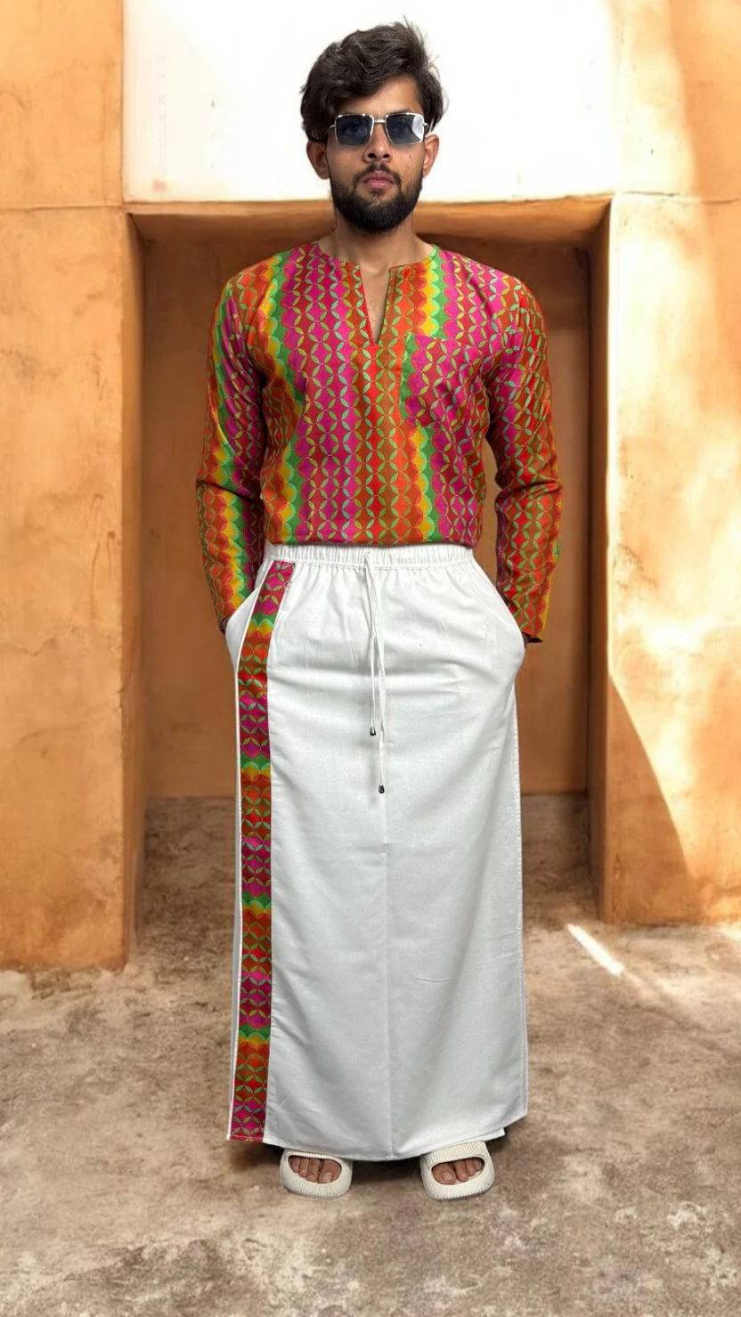 Classic White Pajamalungi with Geometric Border Stripe