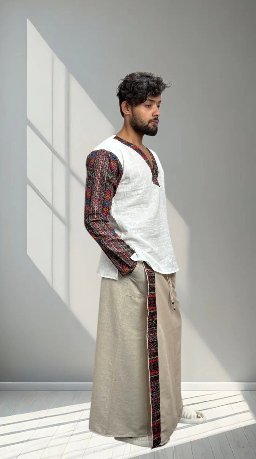 Men Beige Color With Refined Border Pajamalungi - Image 2