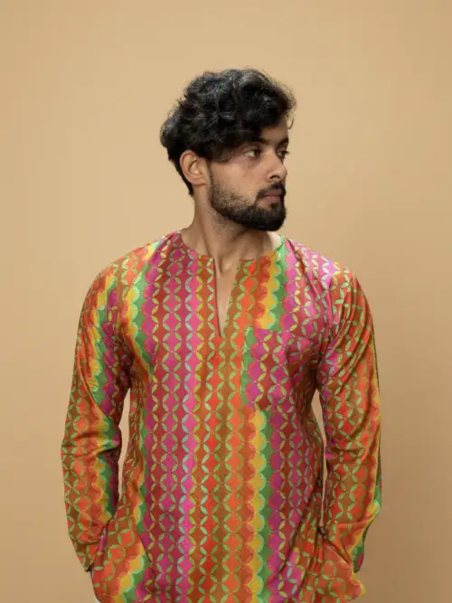 Men Pink–Orange Geometric Print Kurta