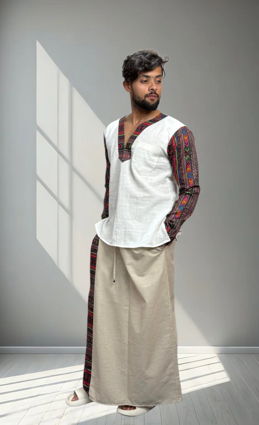 Men Beige Color With Refined Border Pajamalungi - Image 3