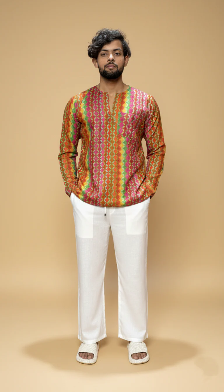 Men Pink–Orange Geometric Print Kurta - Image 2