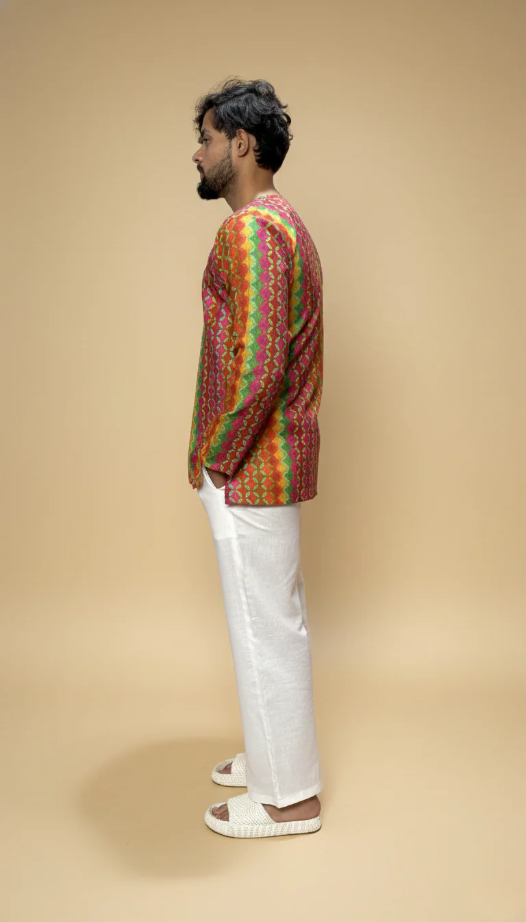 Men Pink–Orange Geometric Print Kurta - Image 3