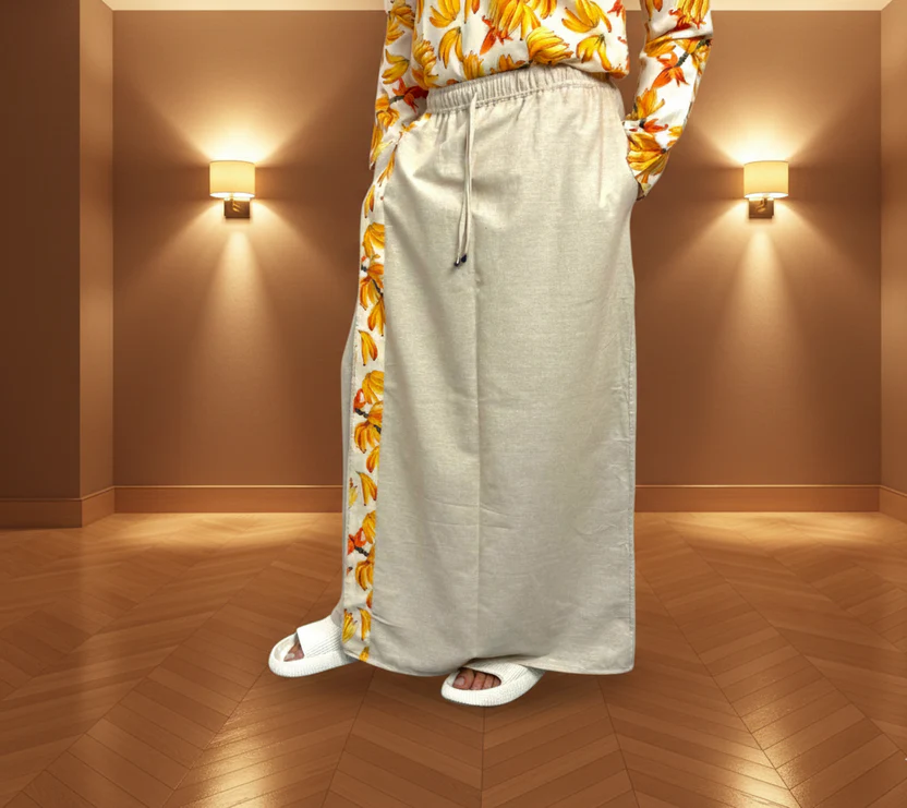Men's Beige Color With Banana Print Stripe Pajamalungi - Image 2