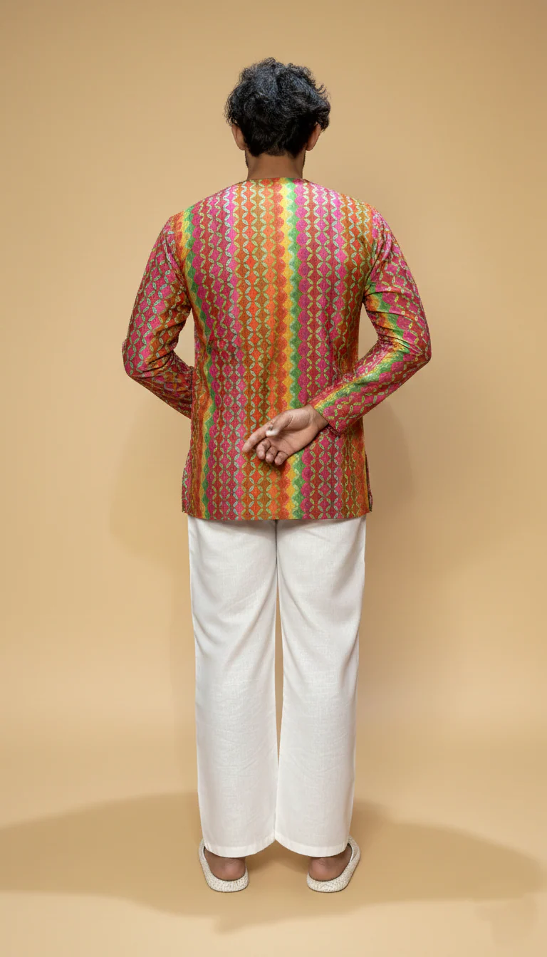 Men Pink–Orange Geometric Print Kurta - Image 4