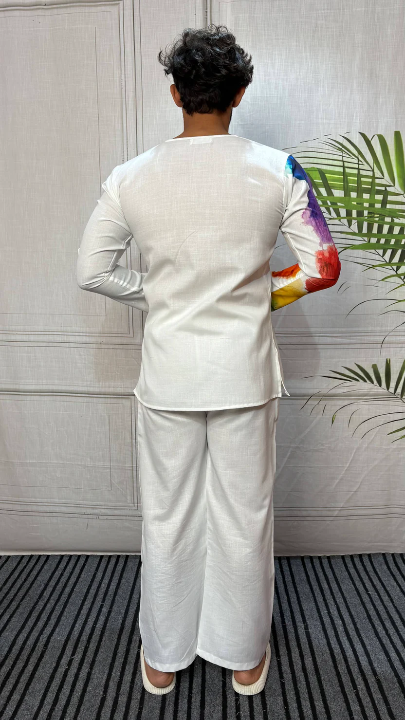 Men’s White Abstract Side Print Kurta - Image 2