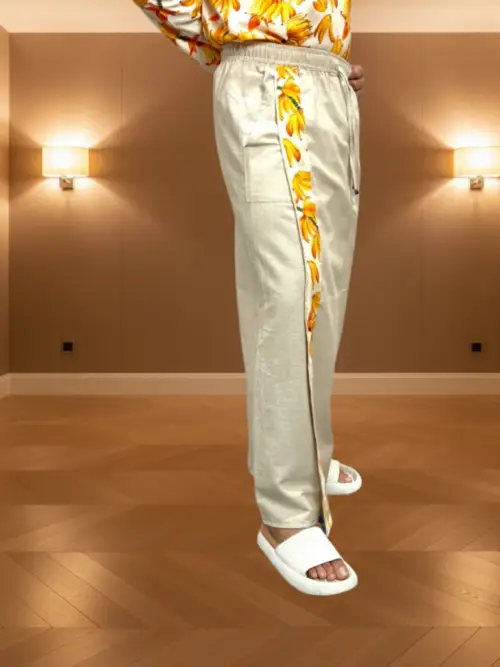 Men's Beige Color With Banana Print Stripe Pajamalungi
