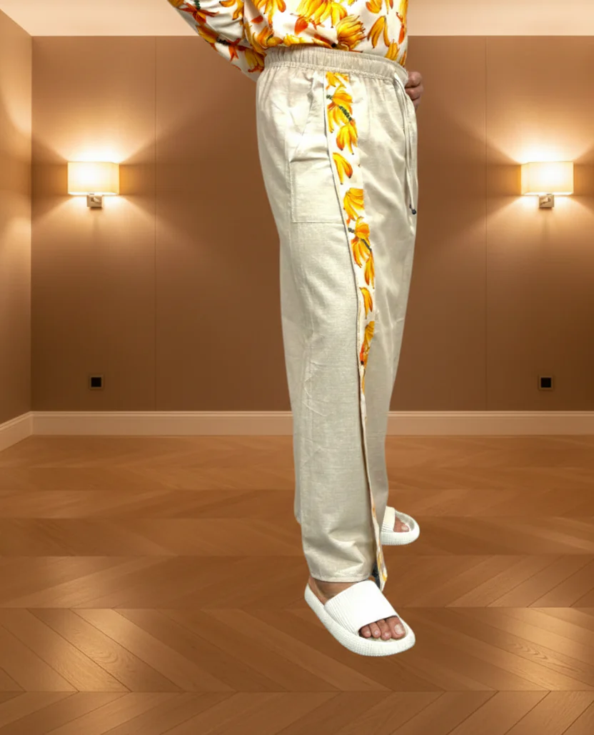 Men's Beige Color With Banana Print Stripe Pajamalungi