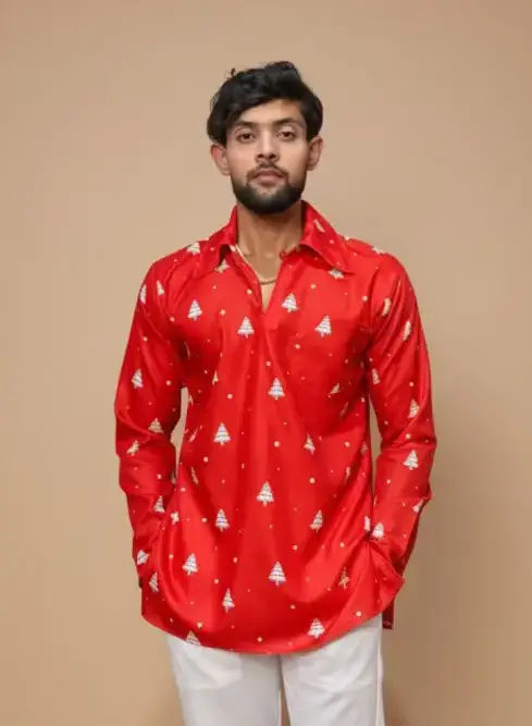 Men Red Christmas-Tree Pattern Kurta