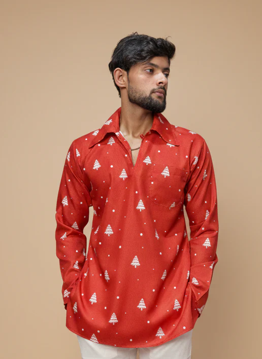 Men Red Christmas-Tree Pattern Kurta - Image 3