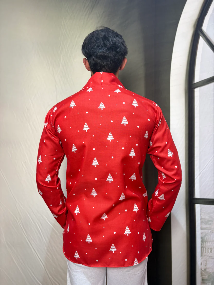 Men Red Christmas-Tree Pattern Kurta - Image 2