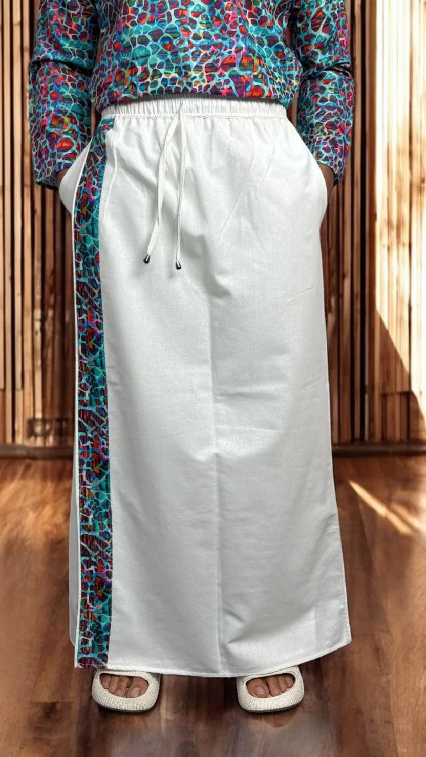 Men's White South Indian Pajamalungi with Mosaic Stripe Detail - Image 2