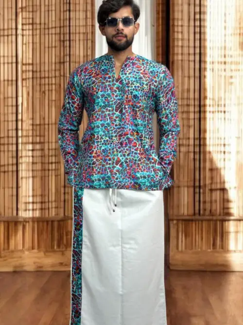 Men's White South Indian Pajamalungi with Mosaic Stripe Detail