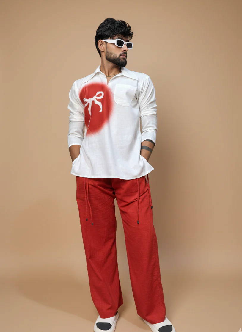 Men Red Circle Spray Paint Kurta - Image 2