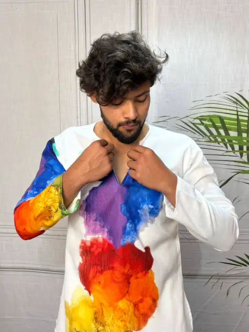 Men’s White Multicolor Abstract Print Kurta