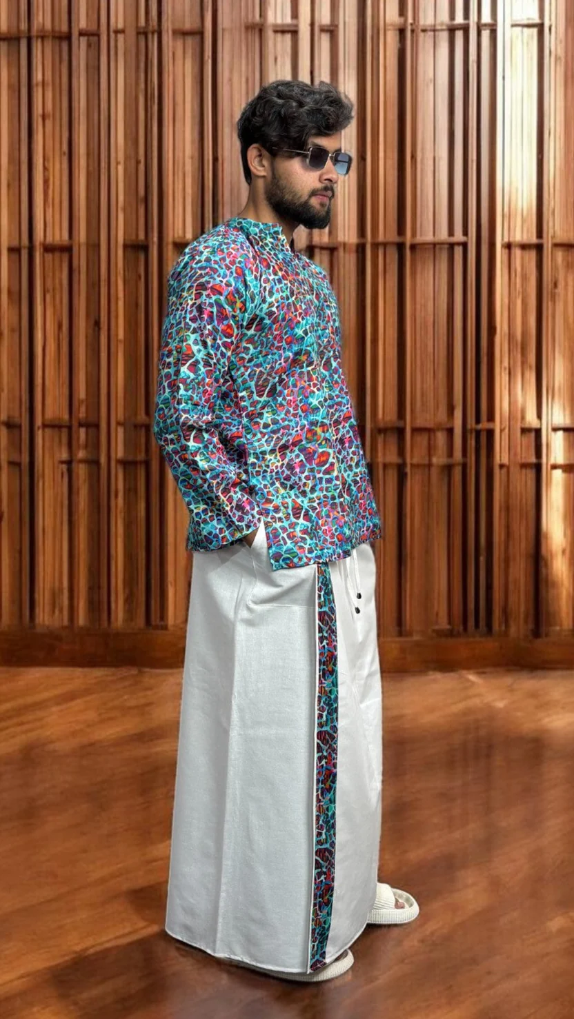 Men's White South Indian Pajamalungi with Mosaic Stripe Detail - Image 3