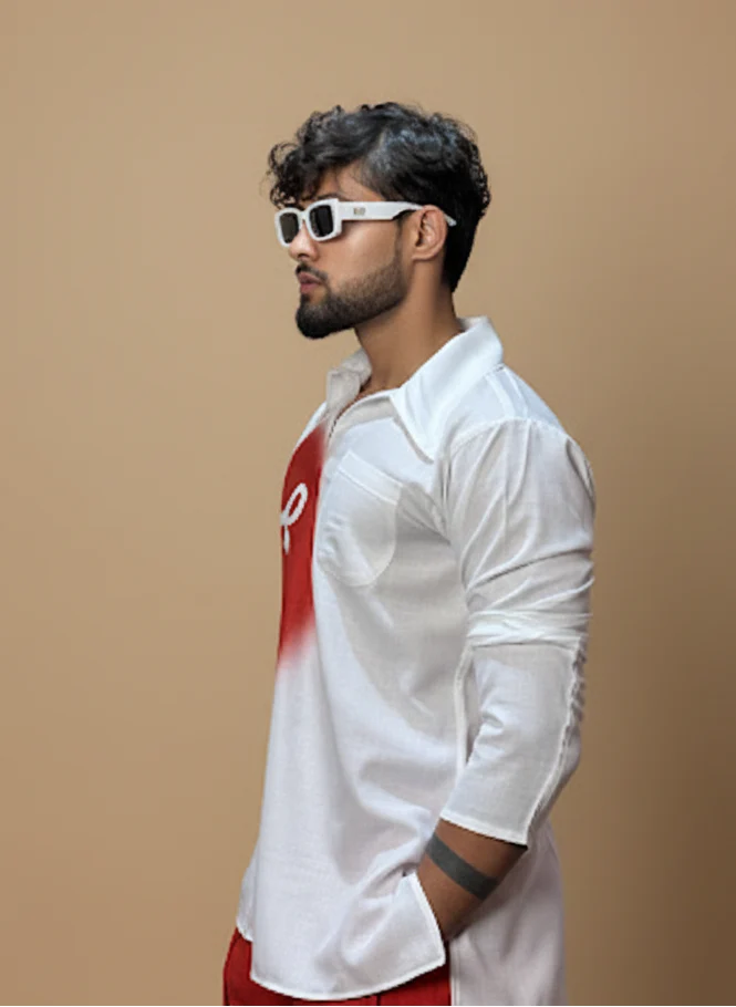 Men Red Circle Spray Paint Kurta - Image 4