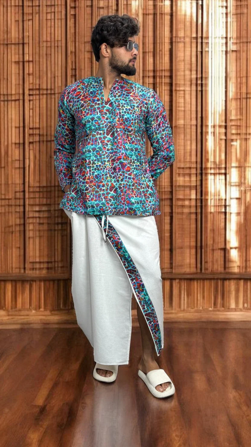 Men's White South Indian Pajamalungi with Mosaic Stripe Detail - Image 5