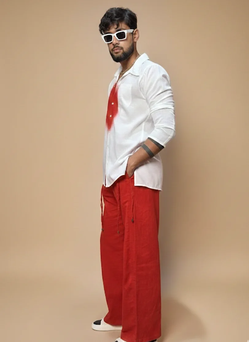 Men Red Circle Spray Paint Kurta - Image 5