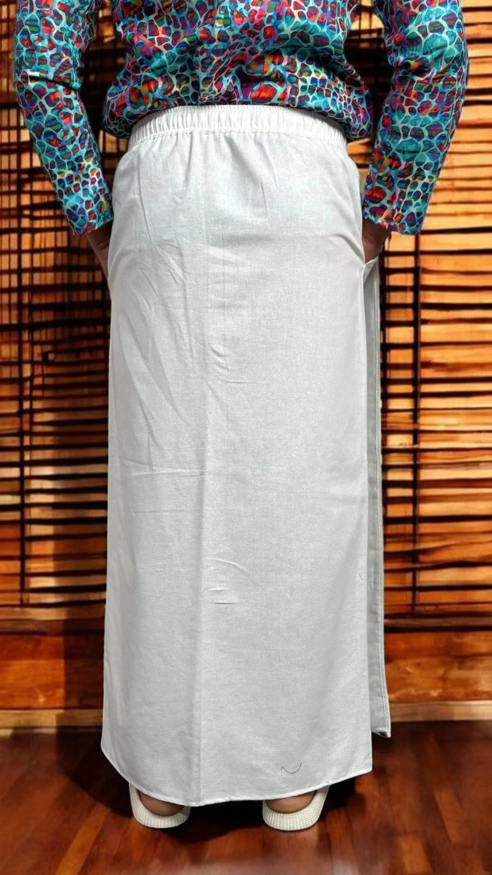Men's White South Indian Pajamalungi with Mosaic Stripe Detail - Image 6