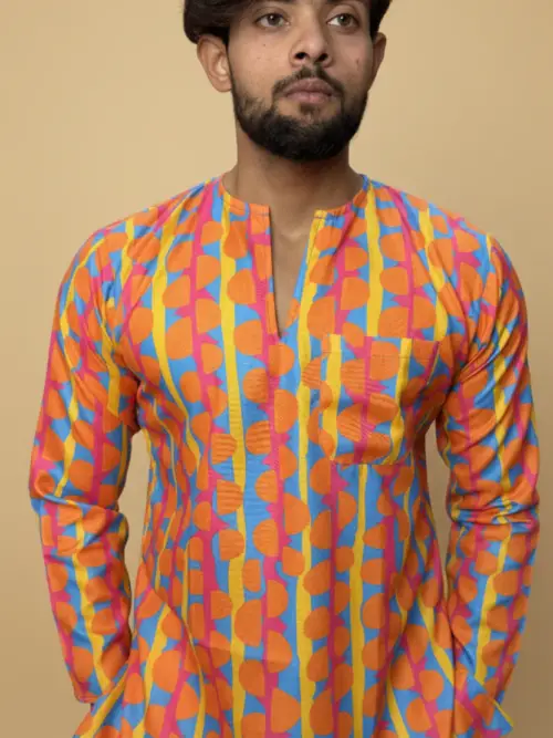 Men Retro Geometric Print Band Collar Kurta