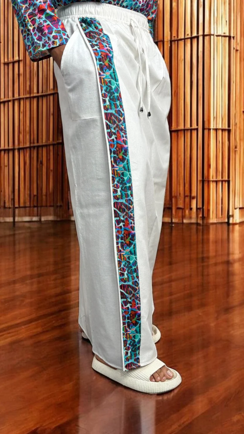 Men's White South Indian Pajamalungi with Mosaic Stripe Detail - Image 7