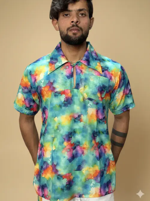 Men Short Sleeve Shirt-Collar Abstract Print Kurta
