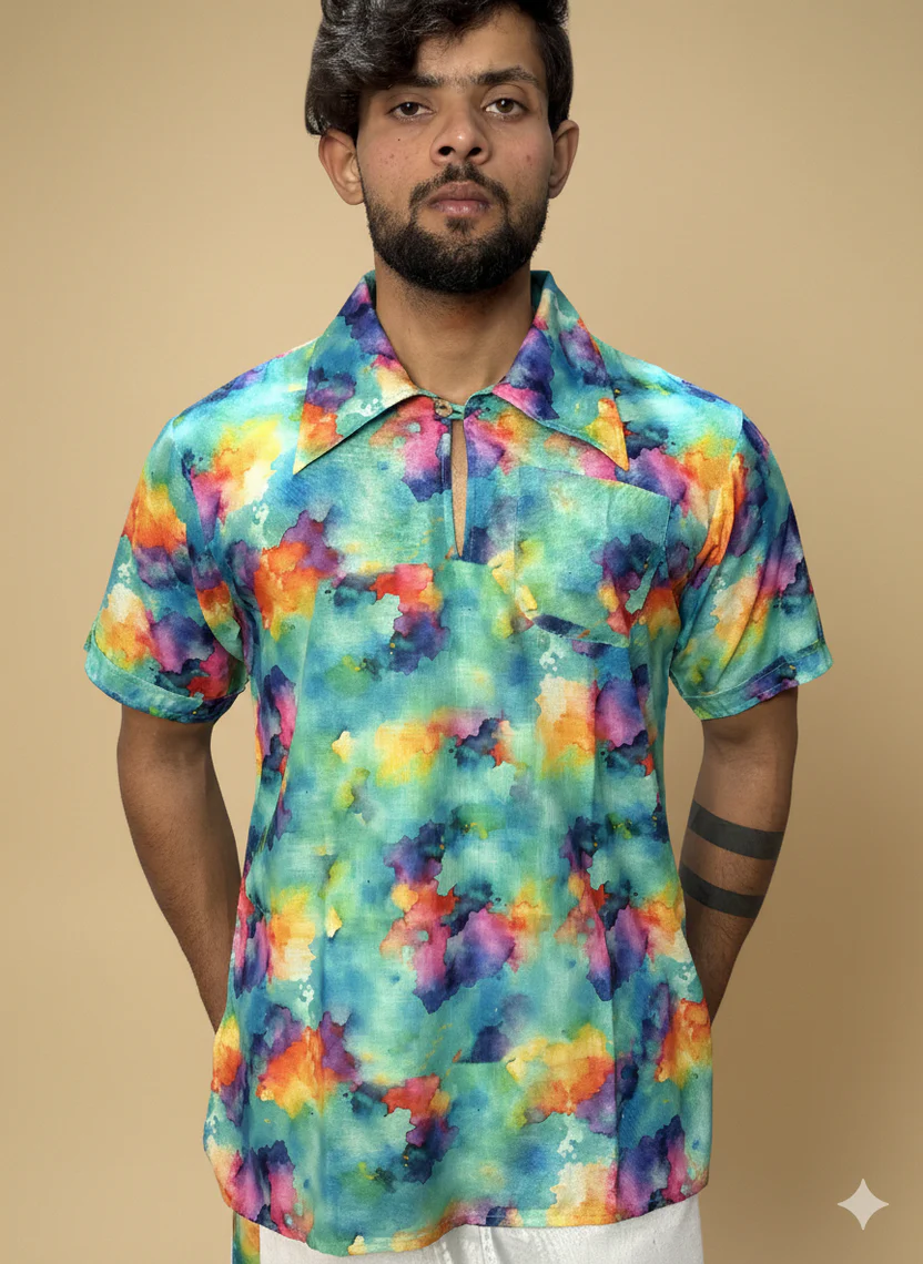 Men Short Sleeve Shirt-Collar Abstract Print Kurta