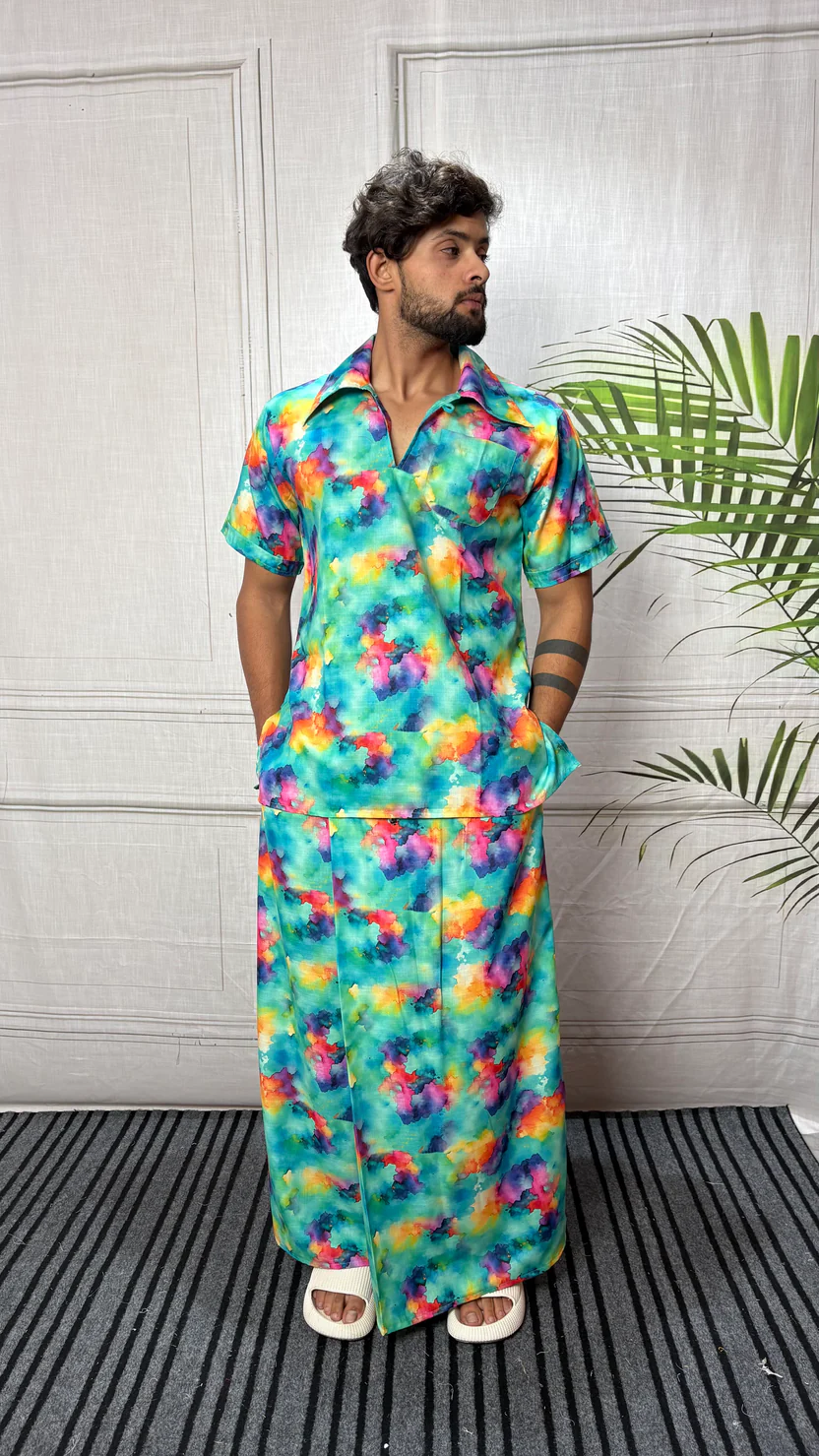 Men Short Sleeve Shirt-Collar Abstract Print Kurta - Image 2