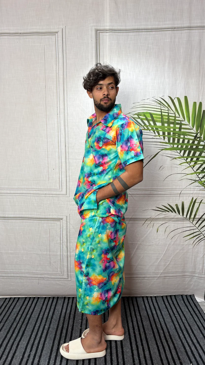 Men Short Sleeve Shirt-Collar Abstract Print Kurta - Image 3