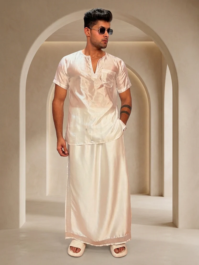 Men White Colour Silk Lungi - Image 2