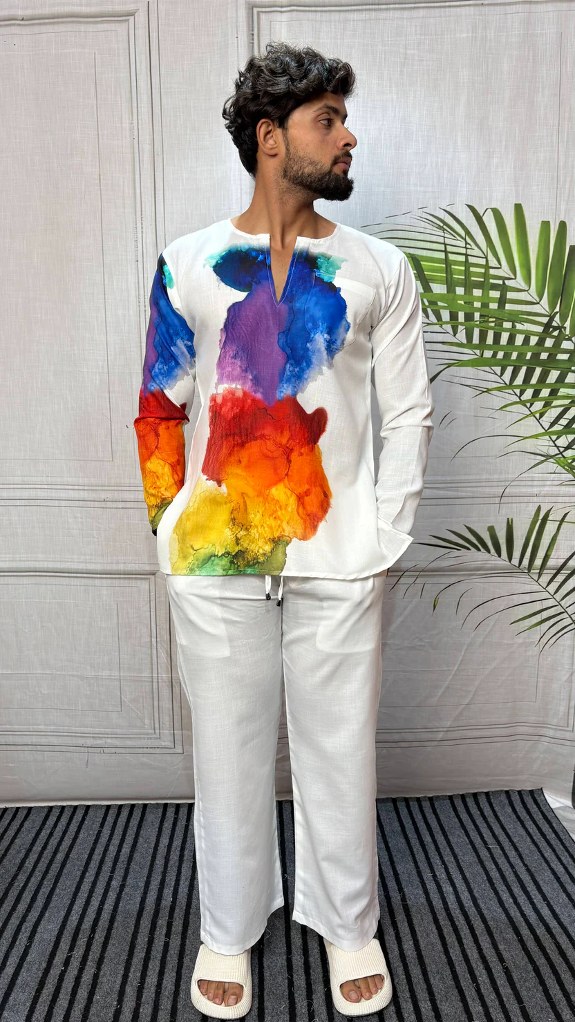 Men’s White Multicolor Abstract Print Kurta - Image 2