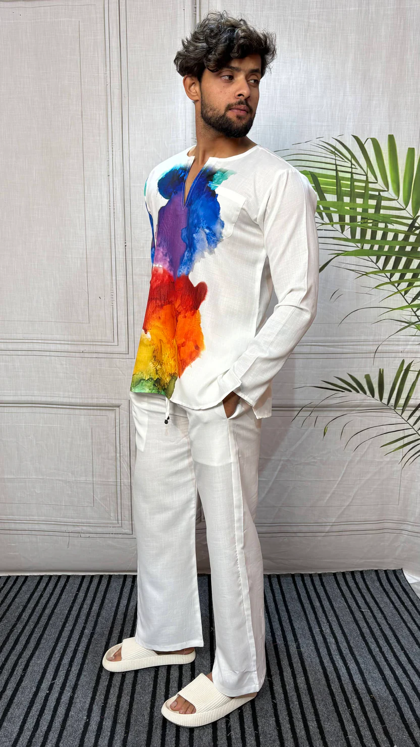 Men’s White Multicolor Abstract Print Kurta - Image 3