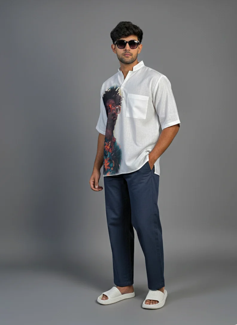Men Half Sleeve Kurta– Afro Sunglasses Print (White) - Image 2