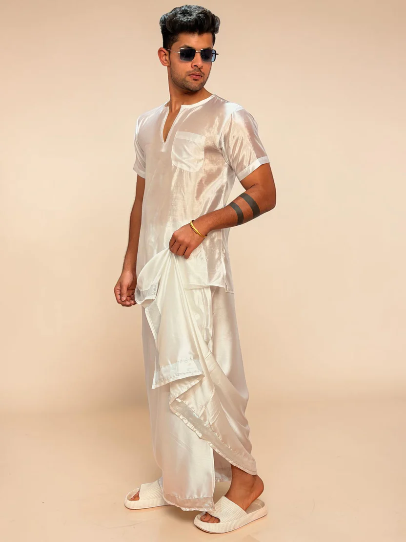 Men White Colour Silk Lungi - Image 4