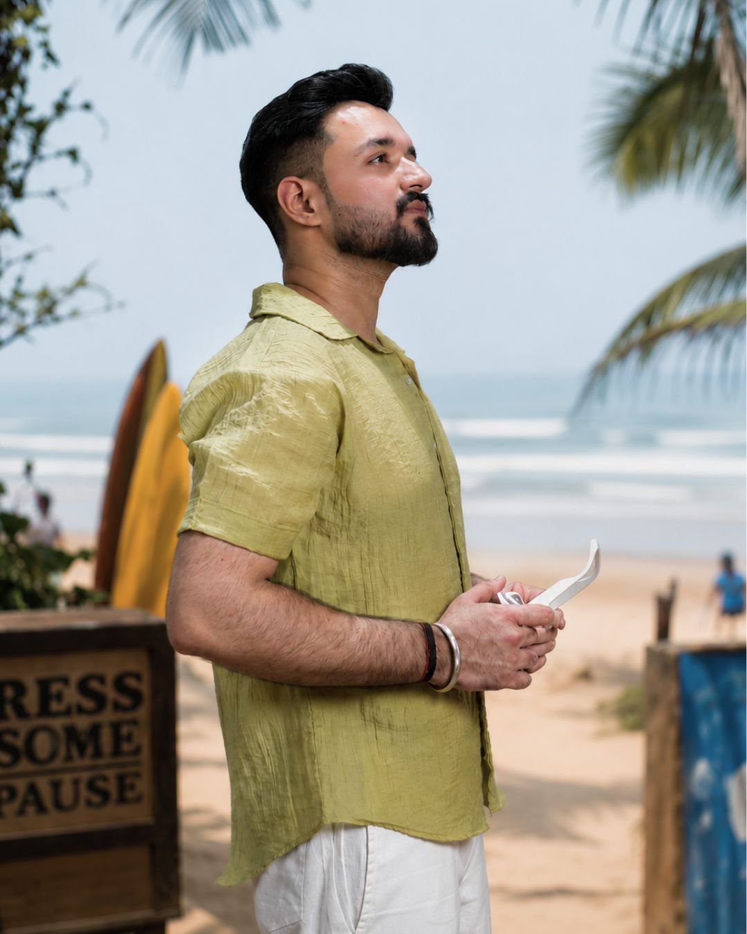 Men Sage Green Colour Chiffon Buttoned Shirt - Image 2