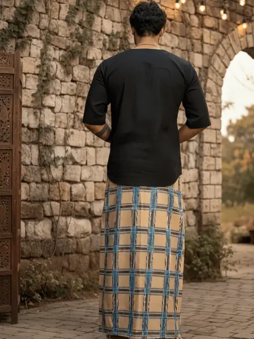 Beige and blue check digital print pajamalungi for men