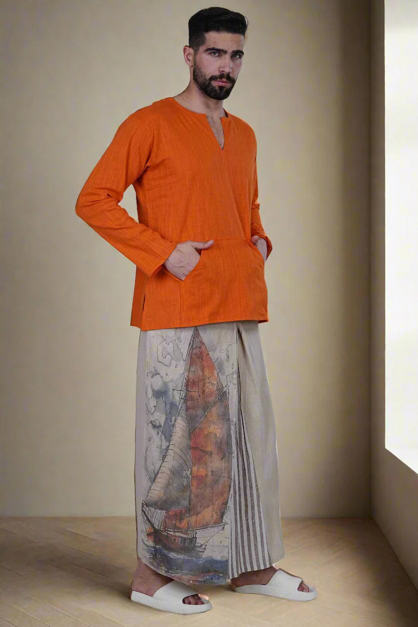 Men Beige Pajamalungi with digital print - Image 4