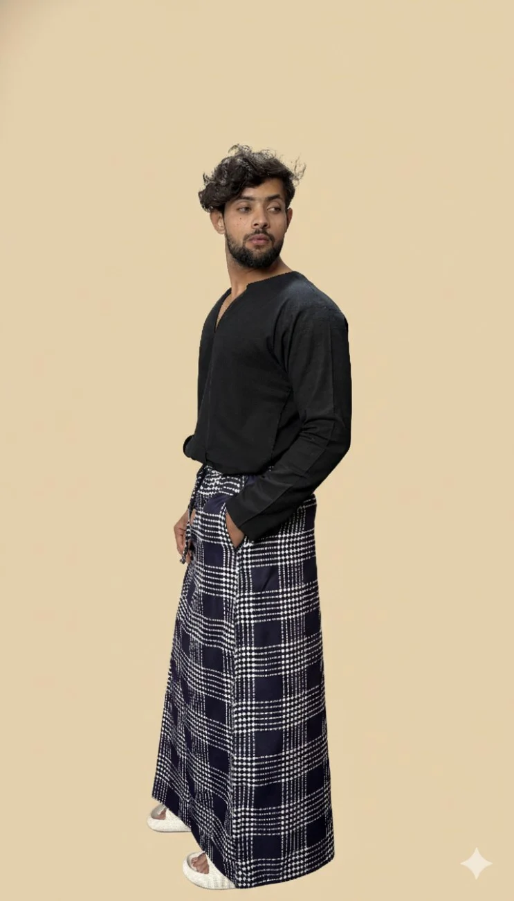 Men Classic Navy Blue Checked PajamaLungi - Image 2