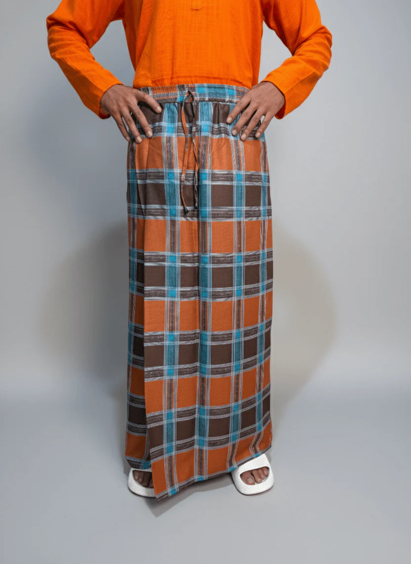 Orange and blue check pajamalungi for men - Image 4