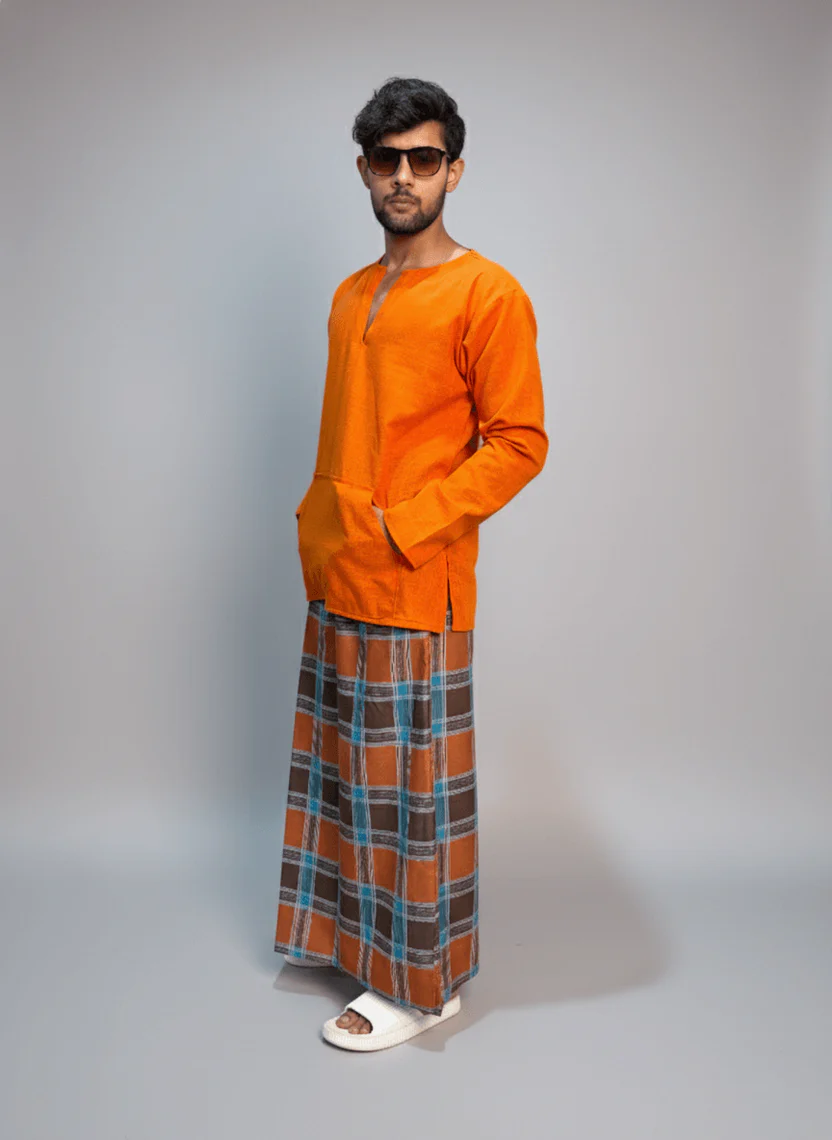 Orange and blue check pajamalungi for men - Image 3