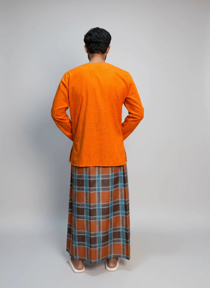 Orange and blue check pajamalungi for men - Image 2