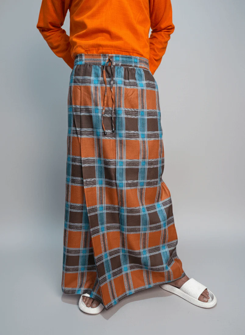 Orange and blue check pajamalungi for men