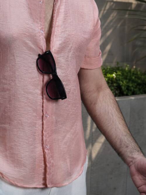 Men Light Pink Colour Chiffon Buttoned Shirt